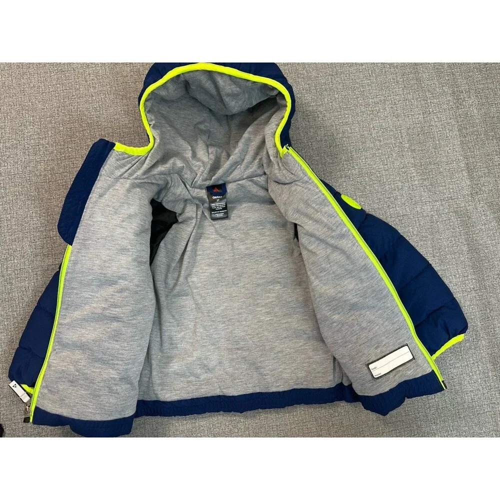Gerry Boys Puffer Jacket 3T Blue Hooded Coat Neon Trim